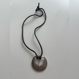 SILVER BELT BUCKLE NECKLACE WITH BROWN CORD